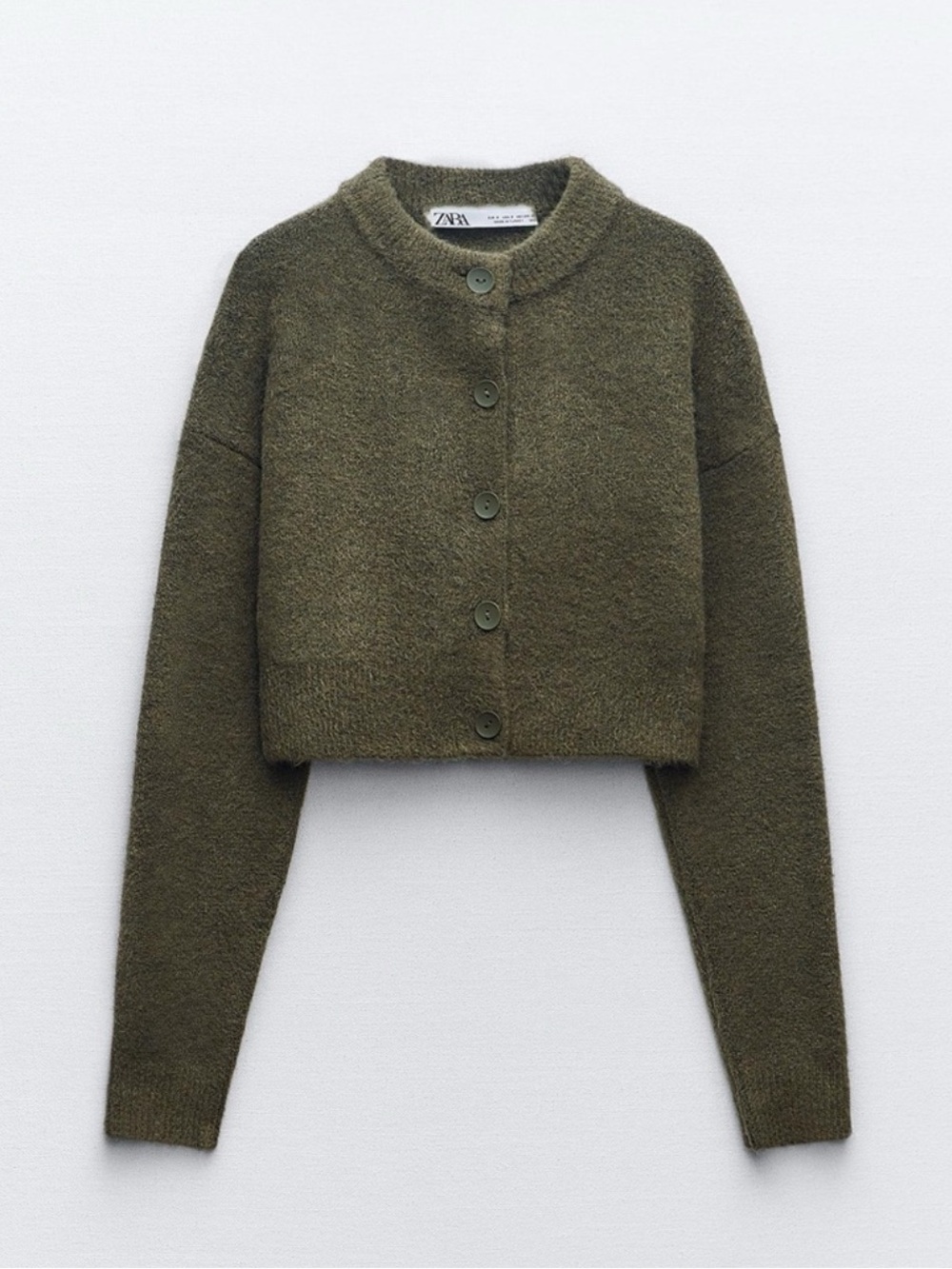 Zara Soft Cropped Knit Cardigan Muted Army Olive Green Button Down Size S